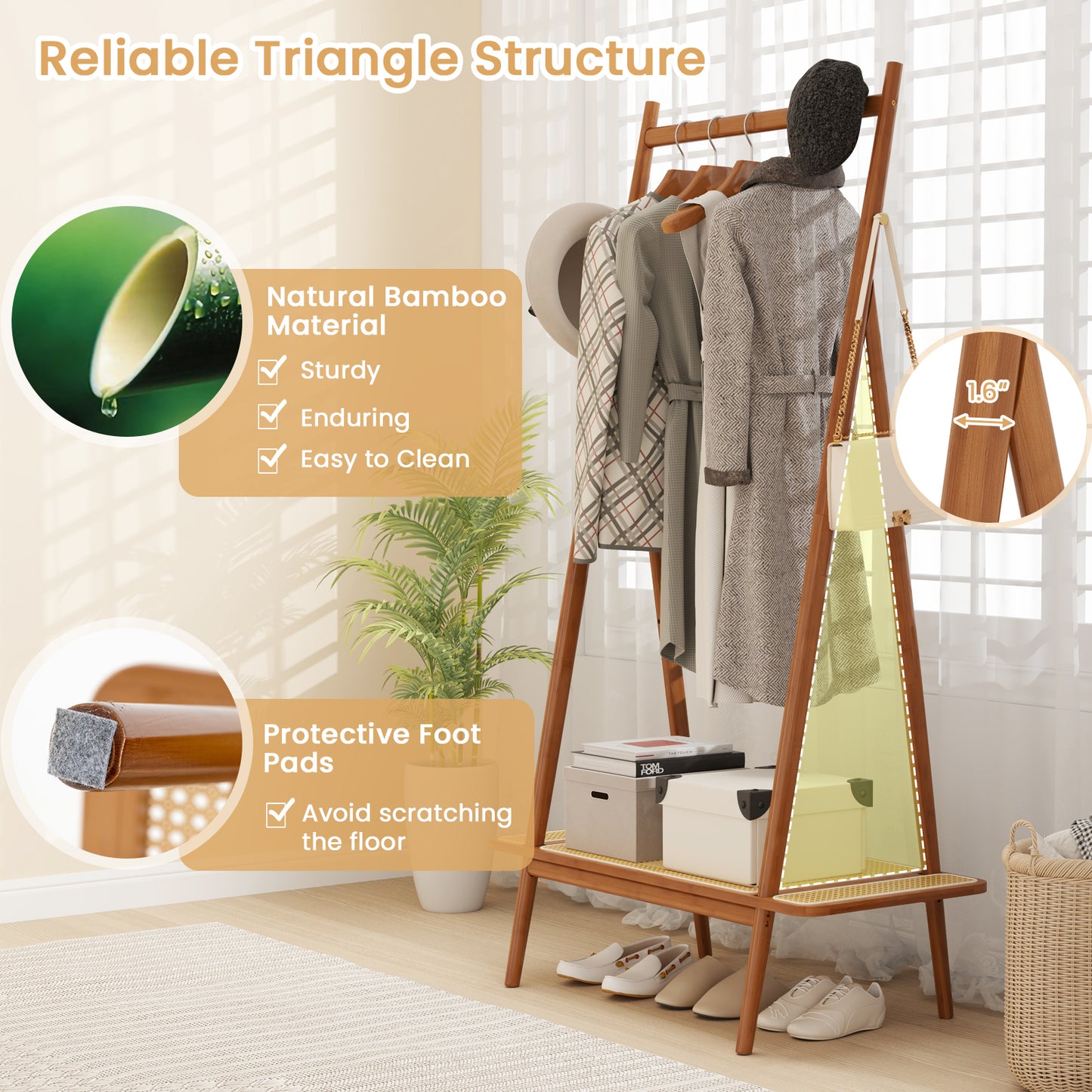Bamboo Clothes Rack With Hanging Rod, Rattan Shelf, Copper Hooks, Brown Coat Racks & Hall Trees at Gallery Canada