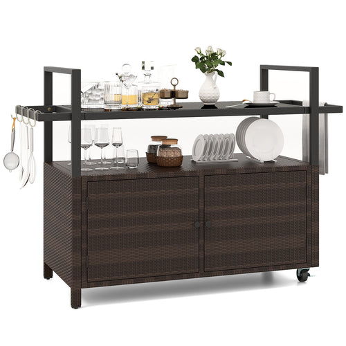 Outdoor Bar Cart Wicker Buffet Serving Cart with Cabinet and 8 Hooks, Brown