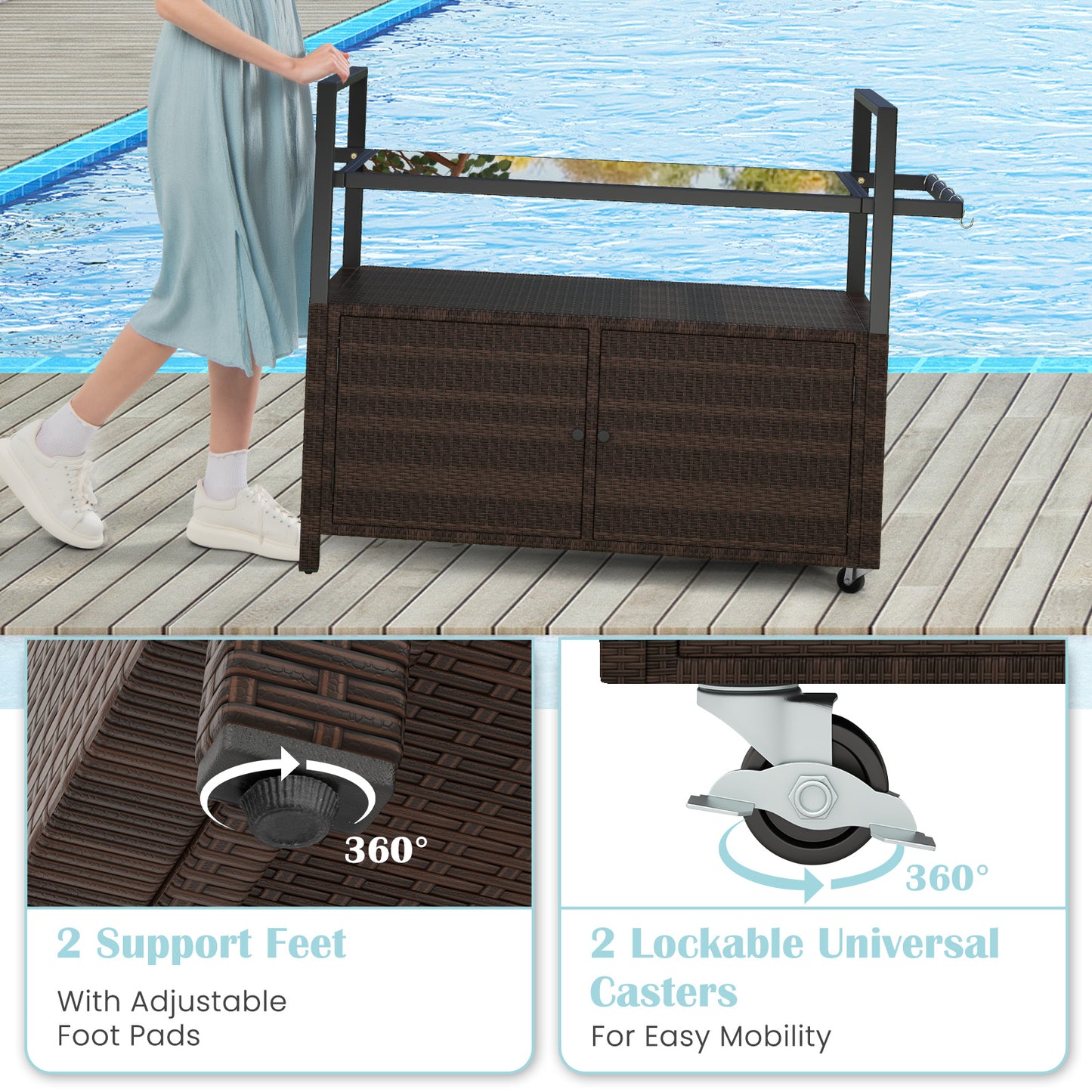 Outdoor Wicker Bar Cart With Cabinet, 8 Hooks, Brown Camping Furniture at Gallery Canada