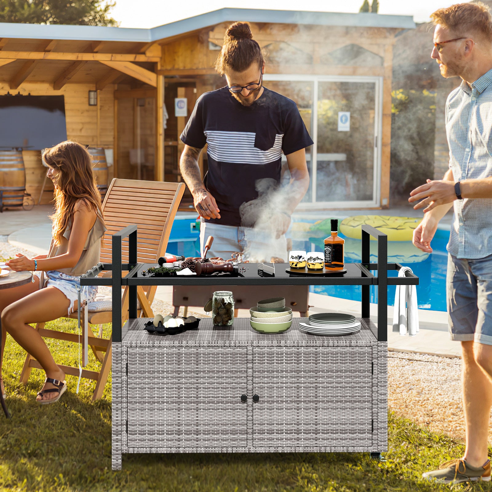 Outdoor Bar Cart Wicker Buffet Serving Cart with Cabinet and 8 Hooks, Gray Camping Furniture at Gallery Canada