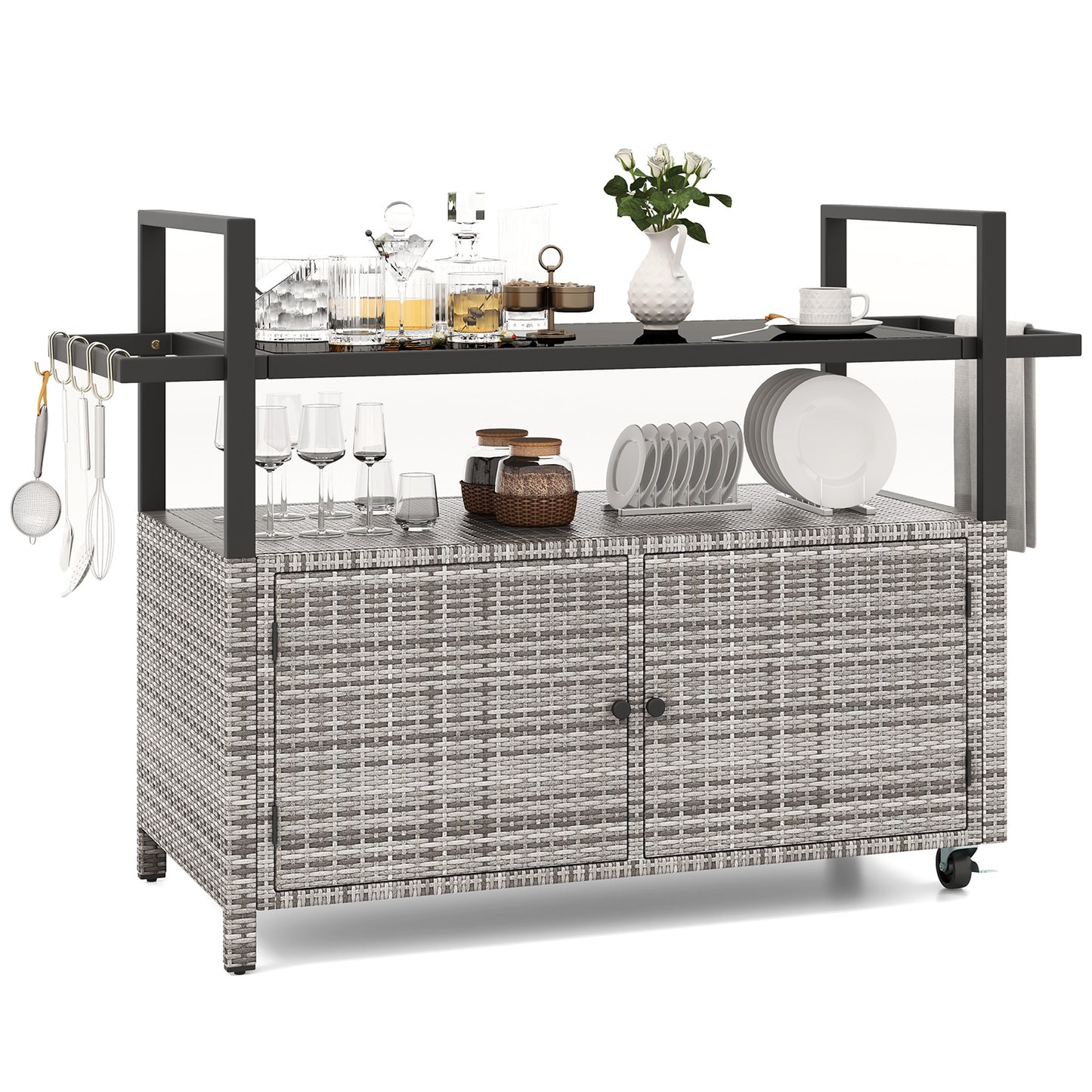Outdoor Bar Cart Wicker Buffet Serving Cart with Cabinet and 8 Hooks, Gray Camping Furniture Gray at Gallery Canada