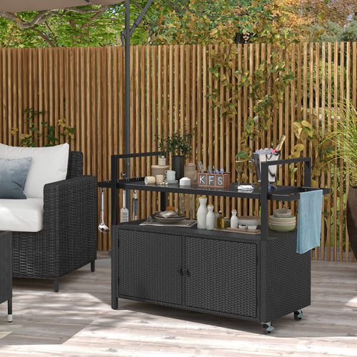 Outdoor Bar Cart Wicker Buffet Serving Cart with Cabinet and 8 Hooks, Black