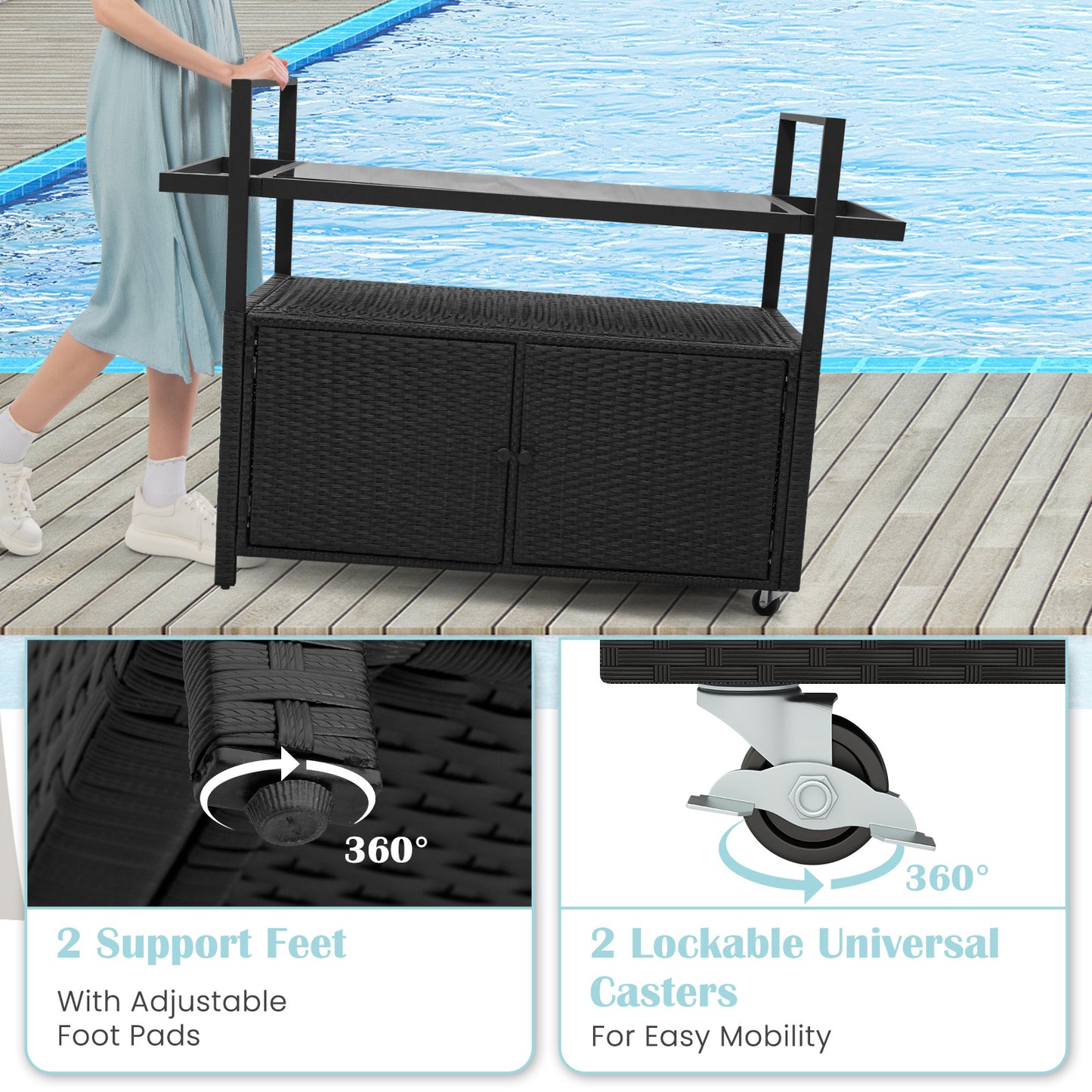 Outdoor Bar Cart Wicker Buffet Serving Cart with Cabinet and 8 Hooks, Black Camping Furniture at Gallery Canada