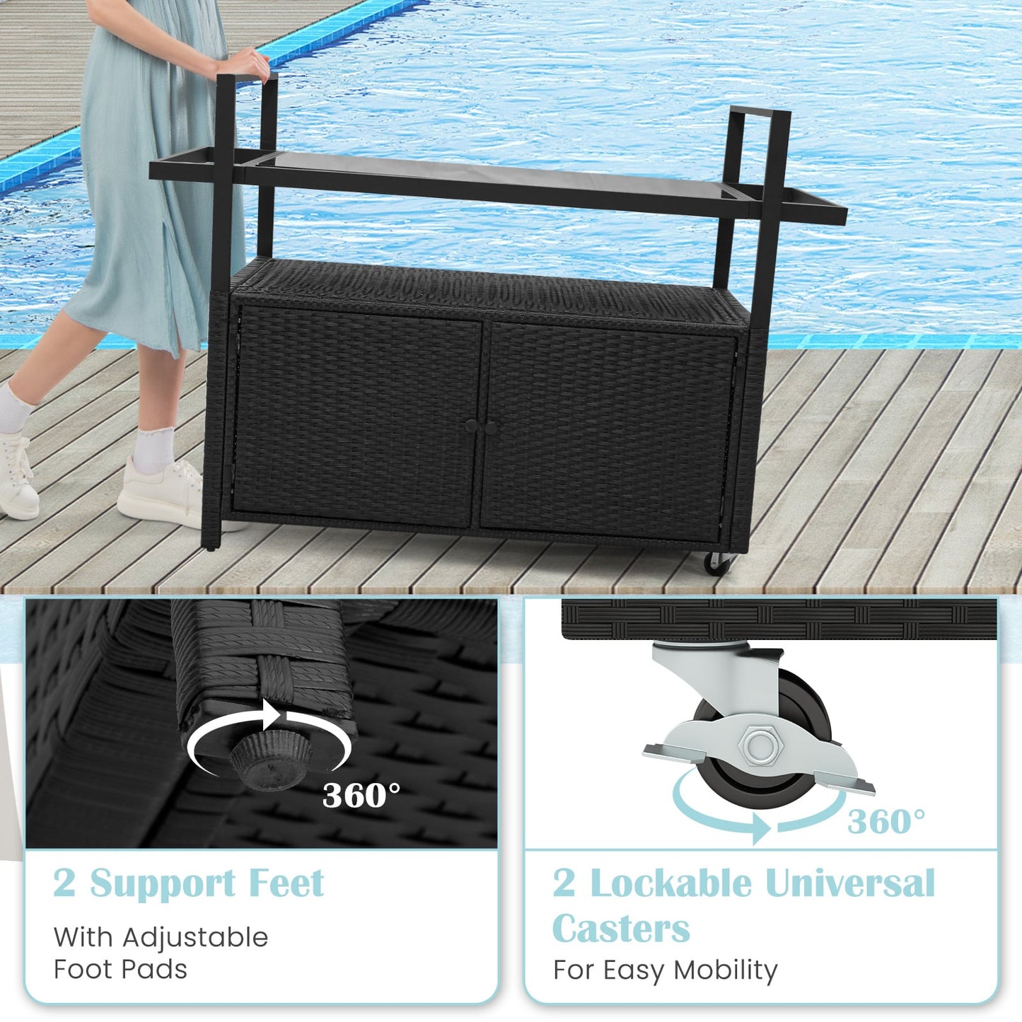 Outdoor Wicker Bar Cart With Cabinet, 8 Hooks, Black Camping Furniture at Gallery Canada