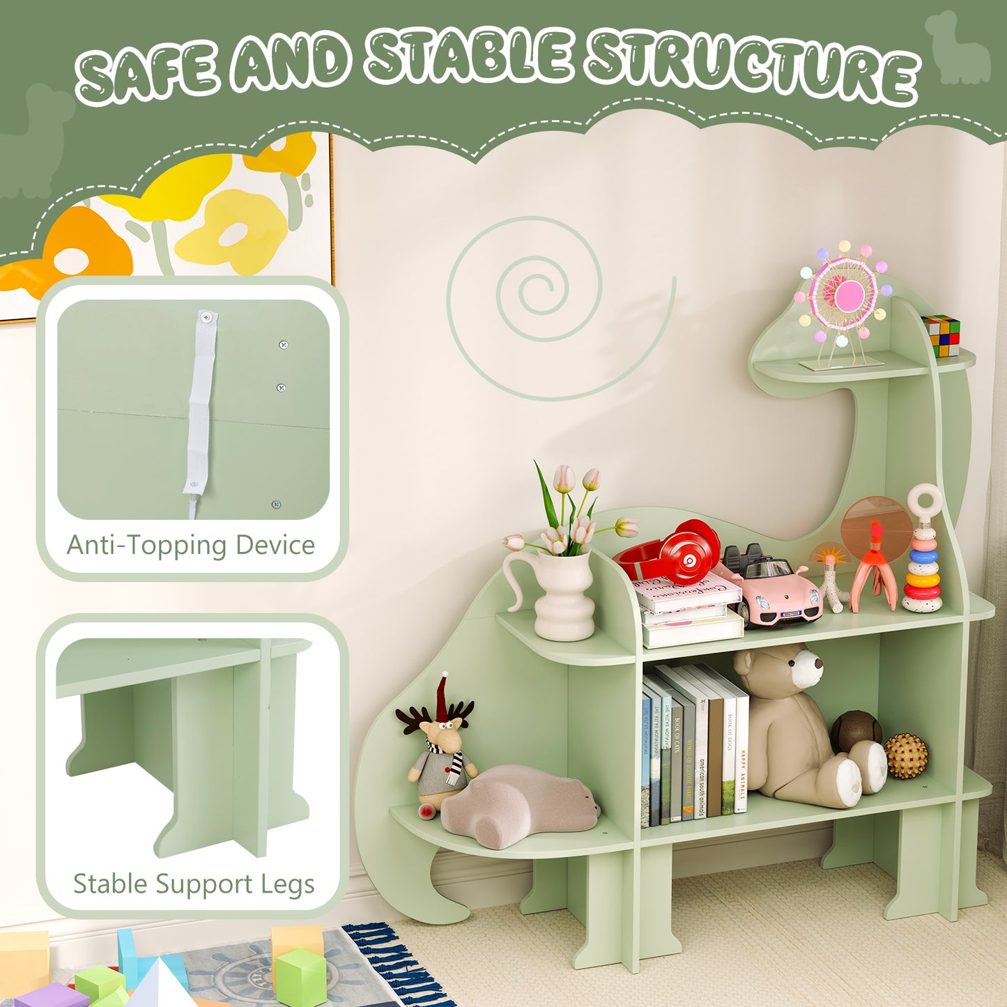 3-Tier Dinosaur Kids Bookshelf, Green Kids Storage at Gallery Canada