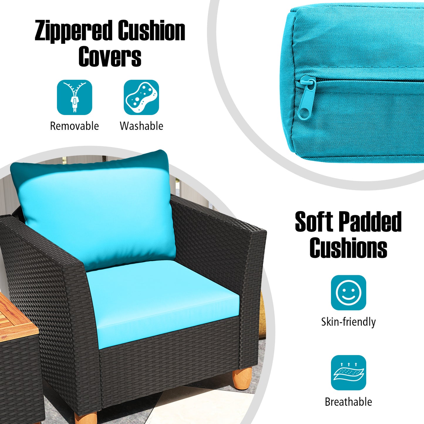 3 Pieces Outdoor Patio Rattan Furniture Set, Turquoise Patio Conversation Sets at Gallery Canada