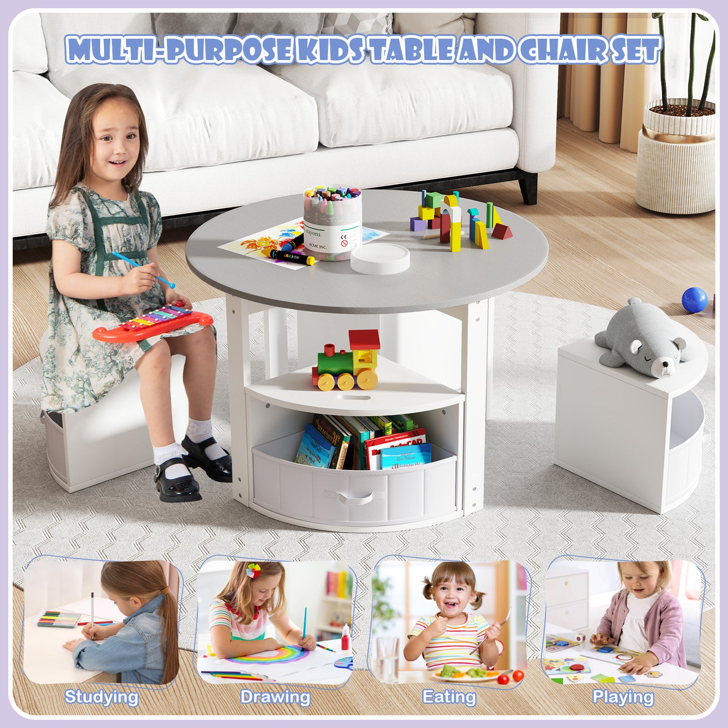 5 Piece Toddler Round Nesting Table with 4 Storage Stools for Activity-Grey, Gray Kids Table & Chair Sets at Gallery Canada