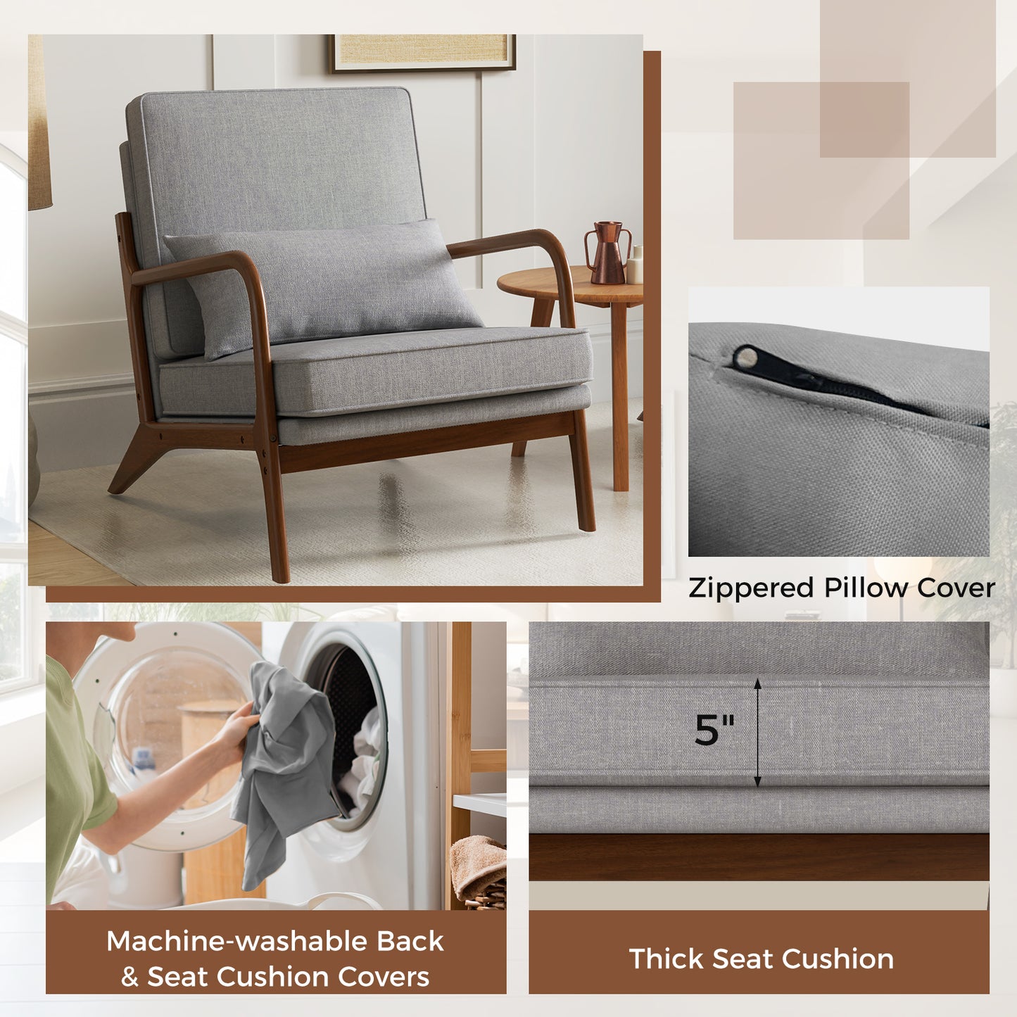 Modern Accent Chair, Rubber Wood Armrests, Removable Back, Gray Accent Chairs at Gallery Canada