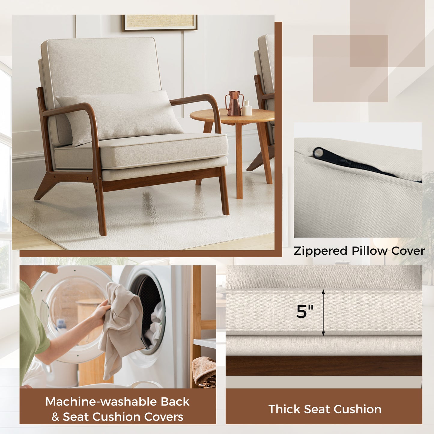 Modern Accent Chair with Rubber Wood Armrests and Removable Back, Beige Accent Chairs at Gallery Canada