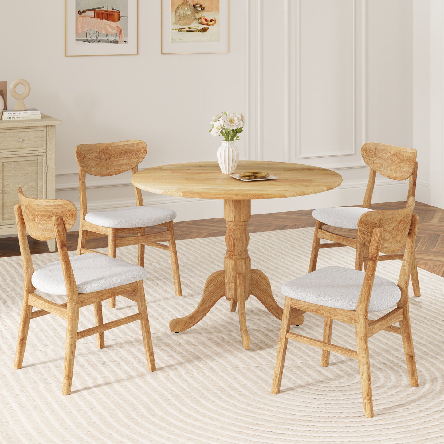 Wooden Dining Table with Round Tabletop and Curved Trestle Legs, Natural Dining Tables at Gallery Canada