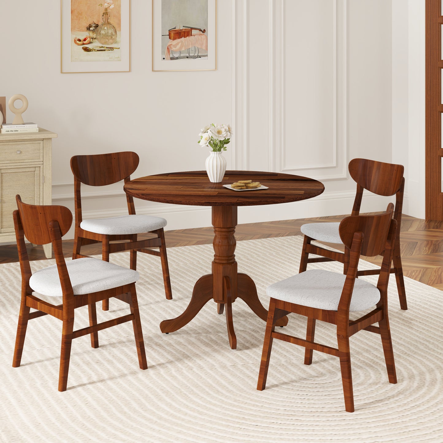 Wooden Dining Table with Round Tabletop and Curved Trestle Legs, Walnut Dining Tables at Gallery Canada