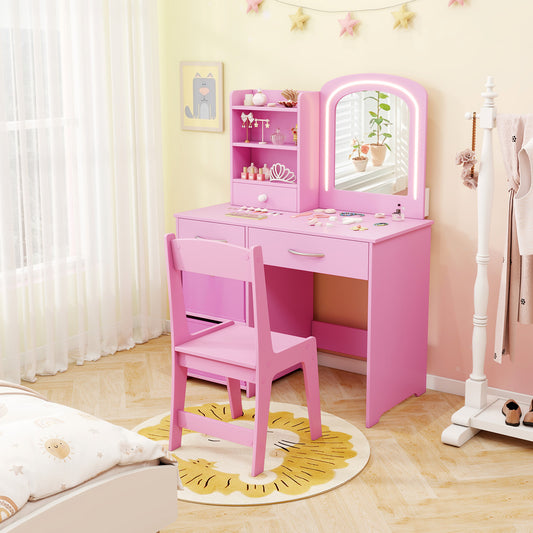 Kids Vanity Set with Lighted Mirror Makeup Desk and Chair Set with Drawers, Pink Kids Vanities Pink at Gallery Canada