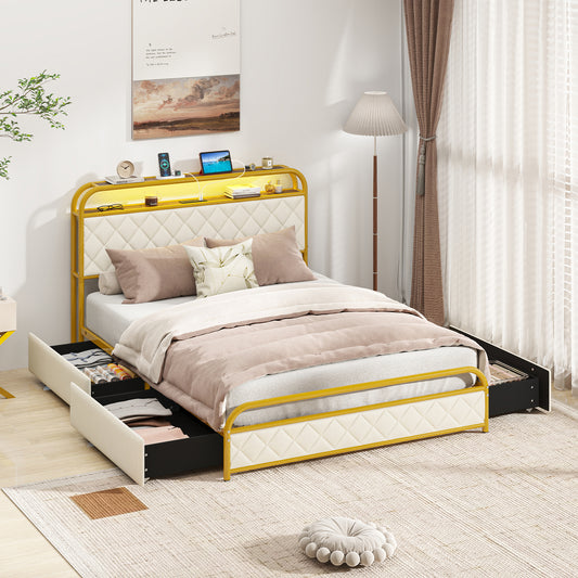 Full Size Bed Frame With LED Lights, Charging Station, Golden