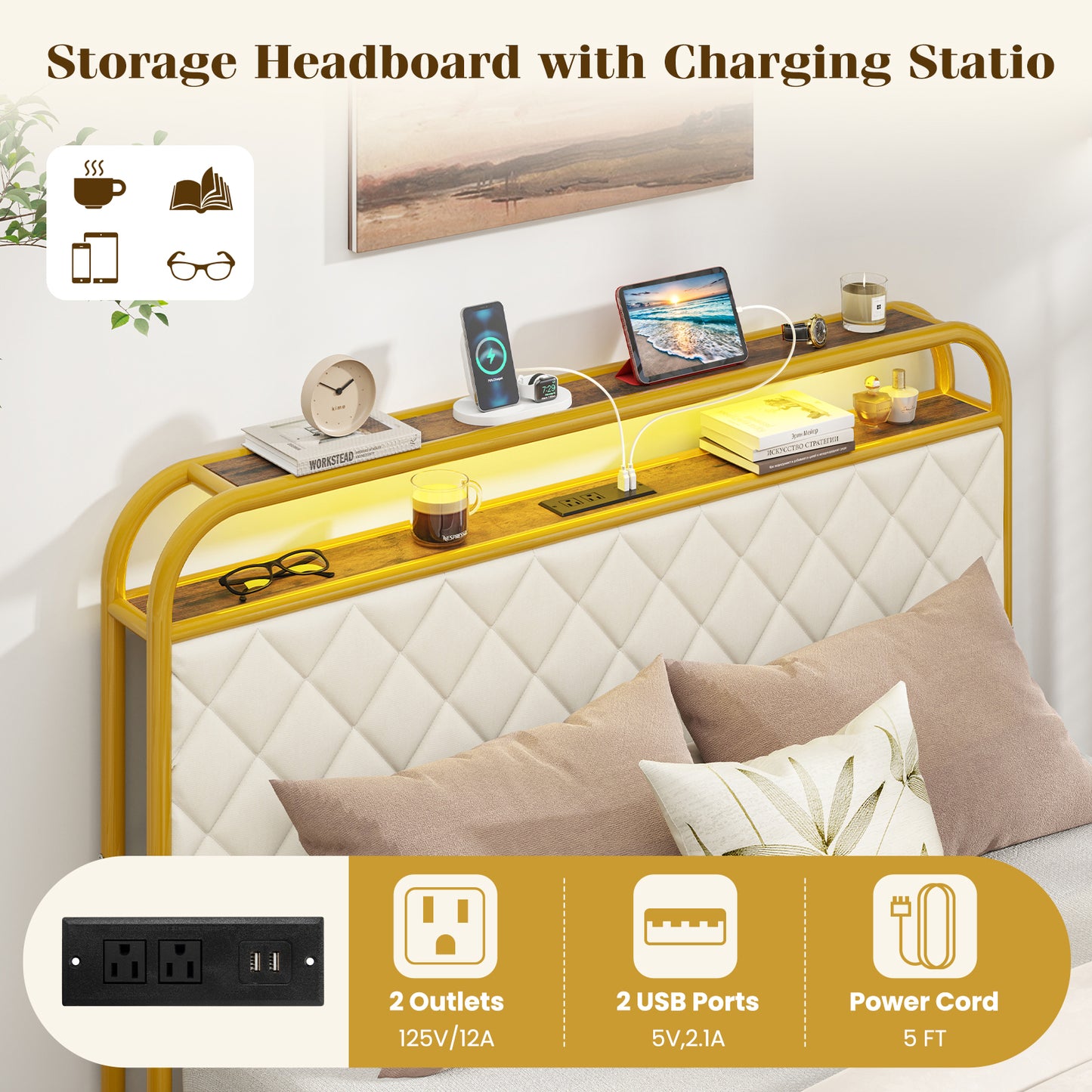 Full Size Bed Frame With LED Lights, Charging Station, Golden Trundle Bed Frame at Gallery Canada