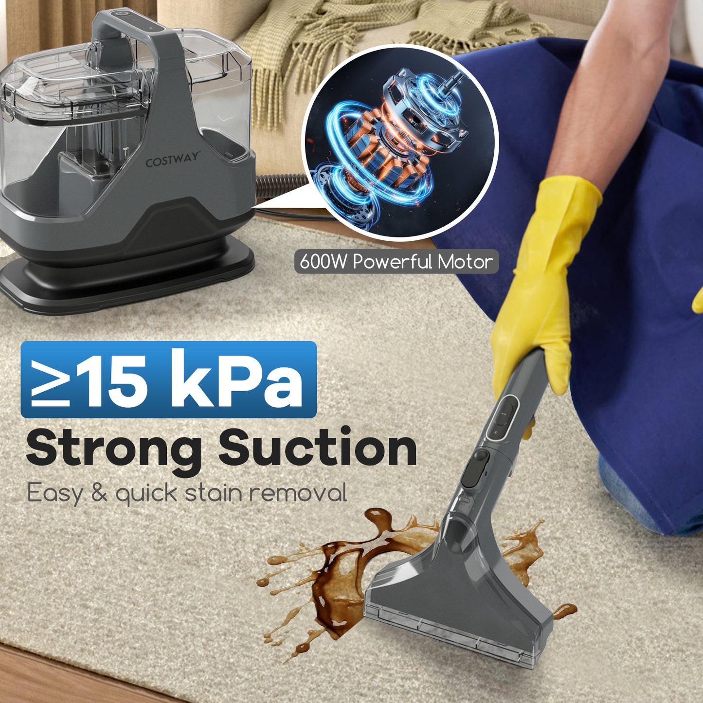 600W Upholstery Cleaner Machine with 15Kpa Powerful Suction and Versatile Attachments, Gray Vacuums & Cleaners at Gallery Canada