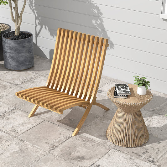 Folding Teak Wood Outdoor Lounge Chair, Slatted Seat And Backrest