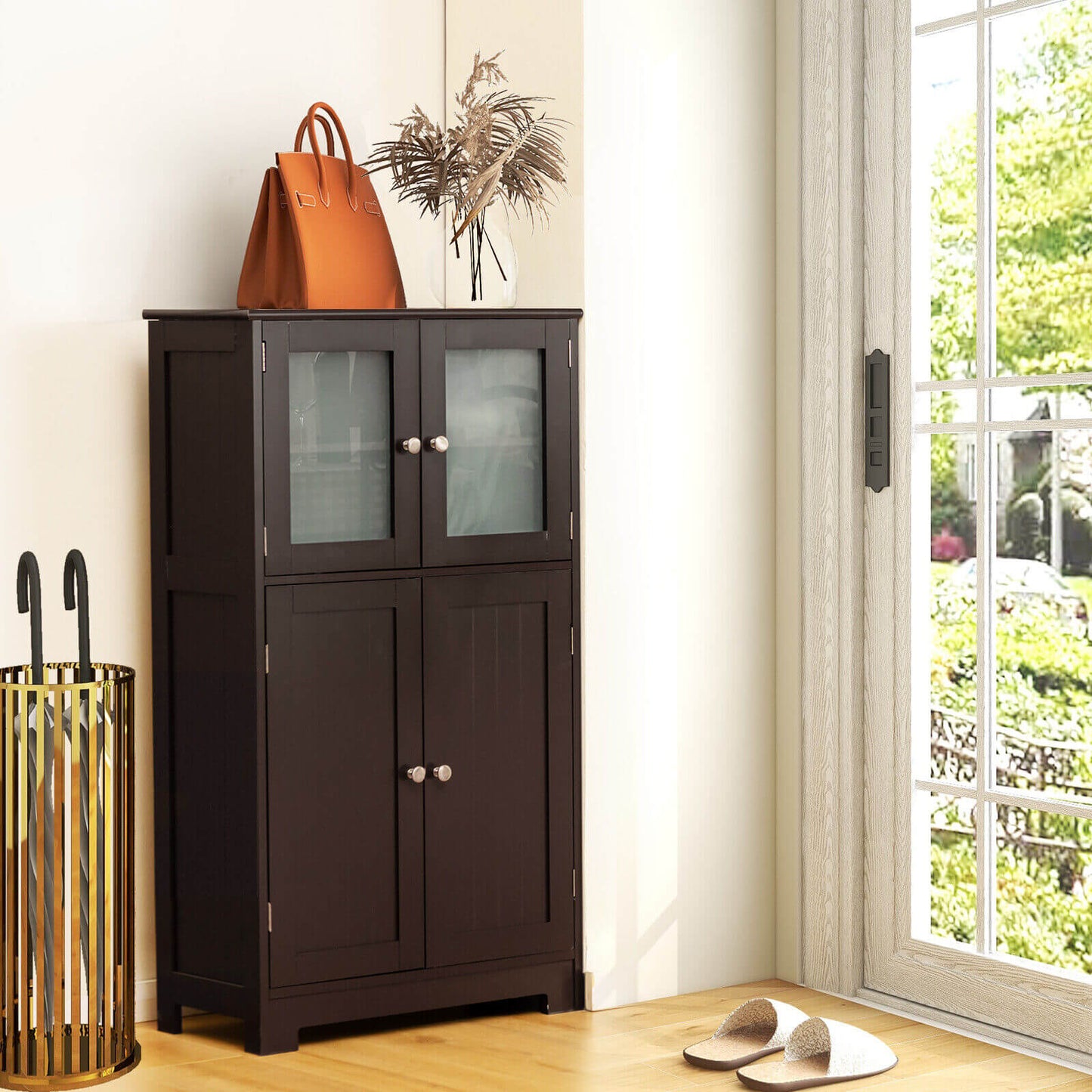 Bathroom Floor Storage Locker Kitchen Cabinet with Doors and Adjustable Shelf, Brown Floor Cabinets at Gallery Canada