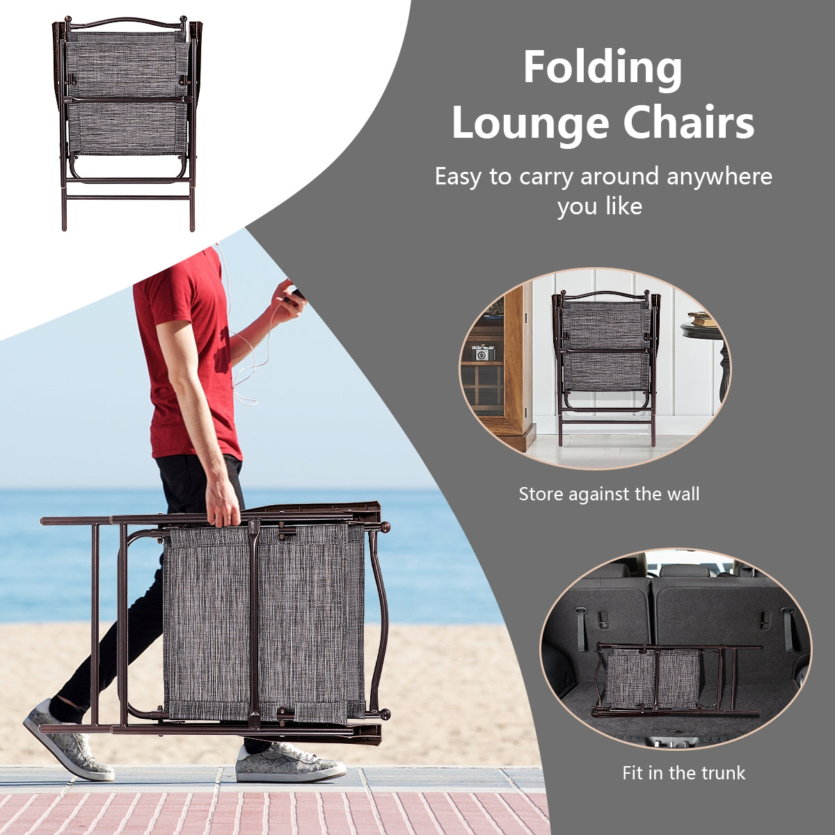 Set Of 2 Patio Folding Sling Back Camping Deck Chairs, Gray Patio Dining Chairs at Gallery Canada