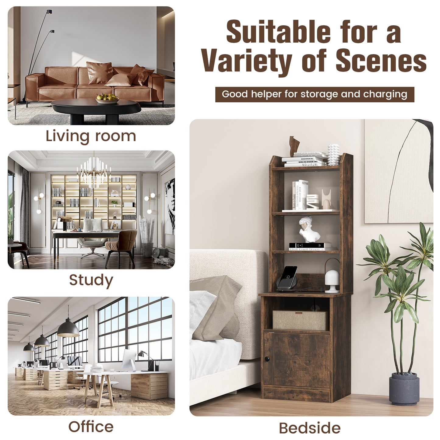 6-Tier Bookshelf Nightstand, Charging Station, Cabinet, Brown Bookcases at Gallery Canada