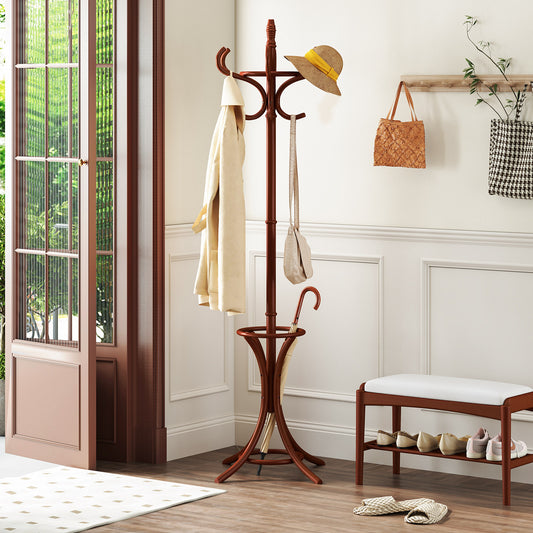 Wood Standing Hat Coat Rack With Umbrella Stand, Brown
