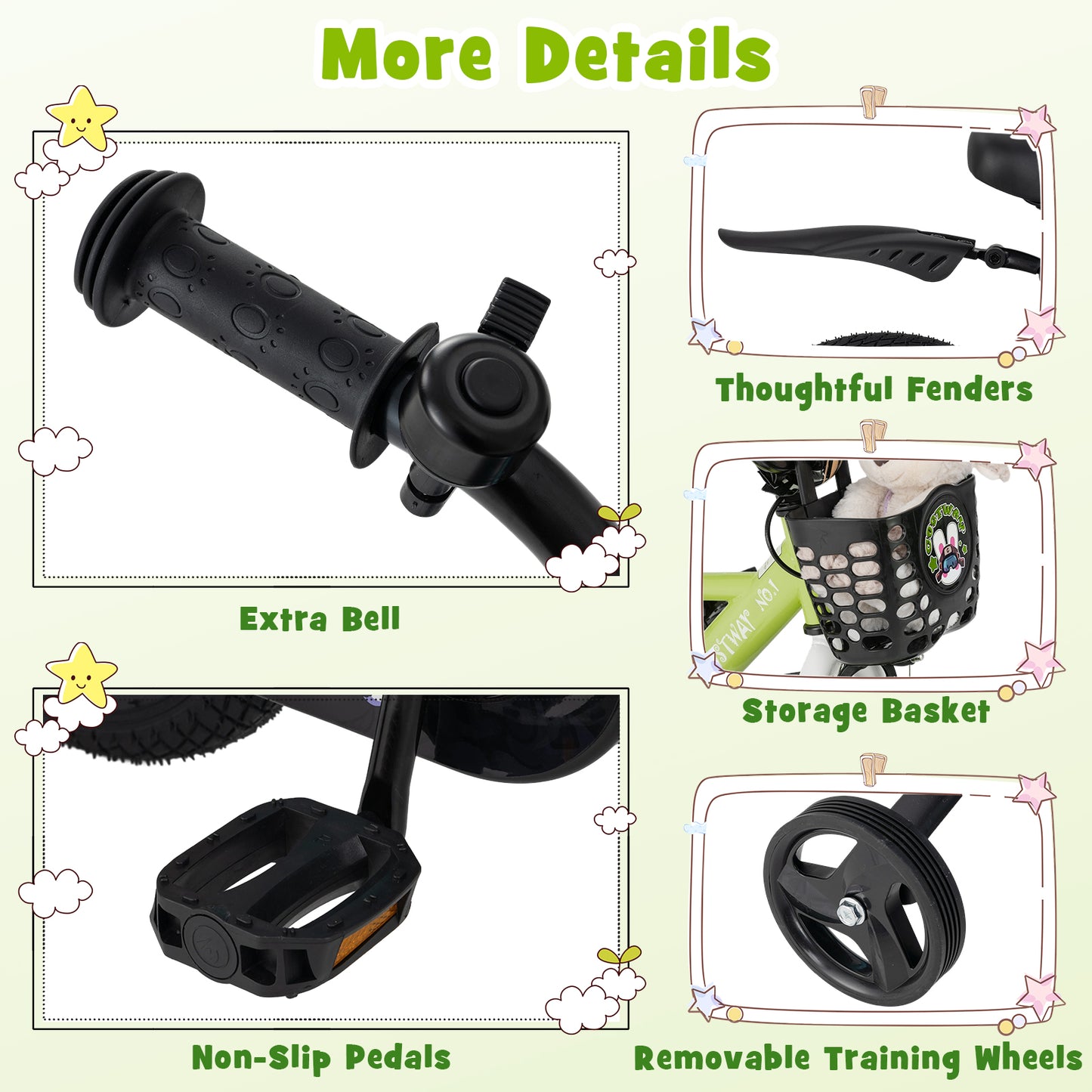 14 Inch Kids Bike, Adjustable, Detachable Training Wheels, 3-5 Years, Green Kids Bike at Gallery Canada
