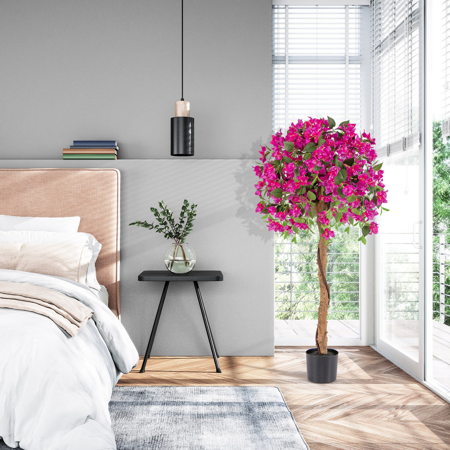 Arbre artificiel d'azalée de 4,5 pieds, pot en ciment, rouge