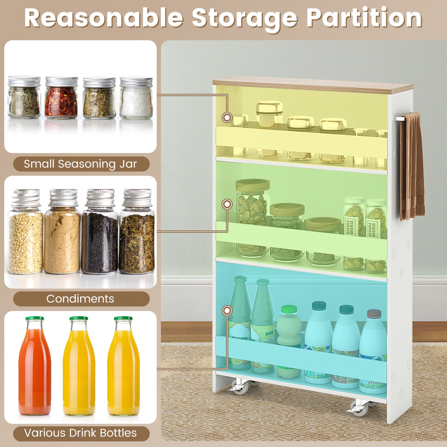 Slim Rolling Kitchen Cart, Mobile Storage Organizer With Handle, White Kitchen Islands & Carts at Gallery Canada