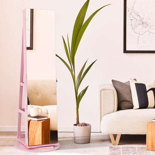 Armoire à bijoux miroir rotatif à 360°, 3 modes LED, verrouillable, rose