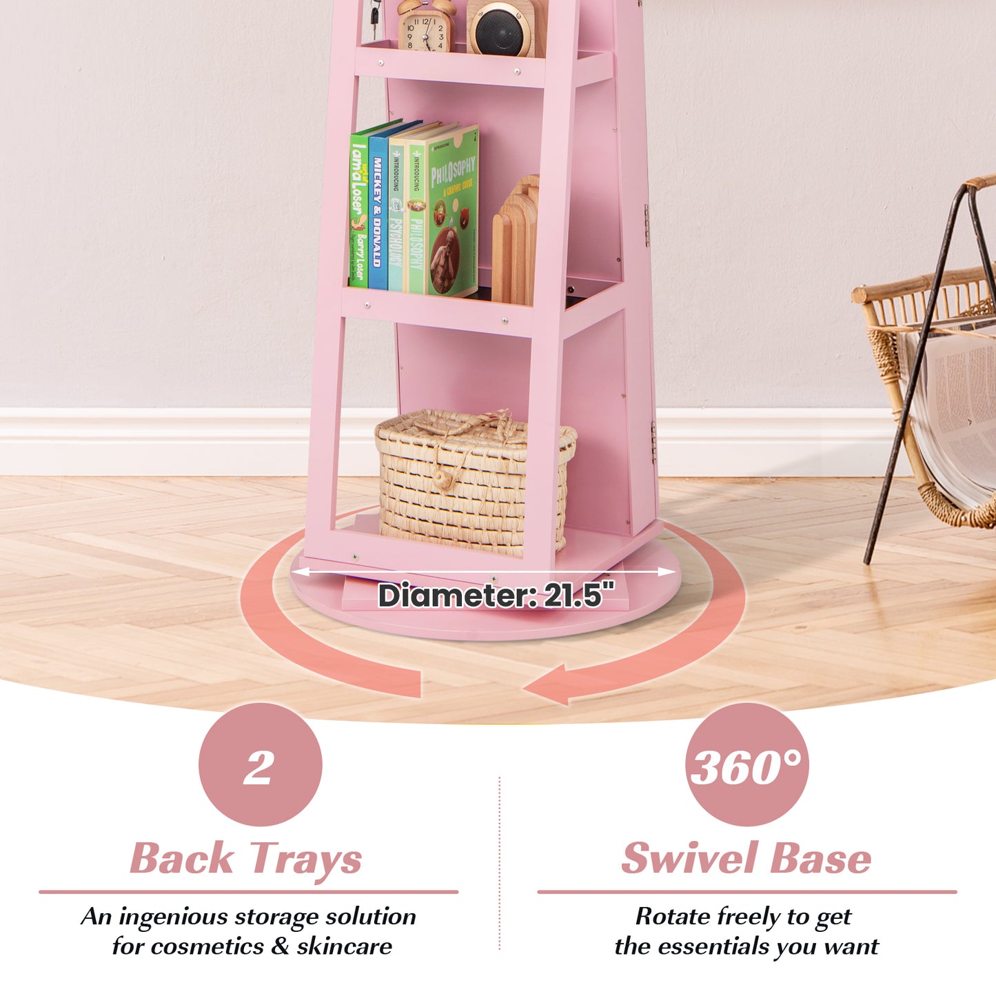 360° Rotating Mirrored Jewelry Cabinet Armoire, 3 LED Modes, Lockable, Pink Jewelry Armoires at Gallery Canada