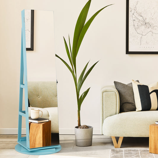 Armoire à bijoux rotative avec miroir, 3 modes LED, verrouillable, bleue