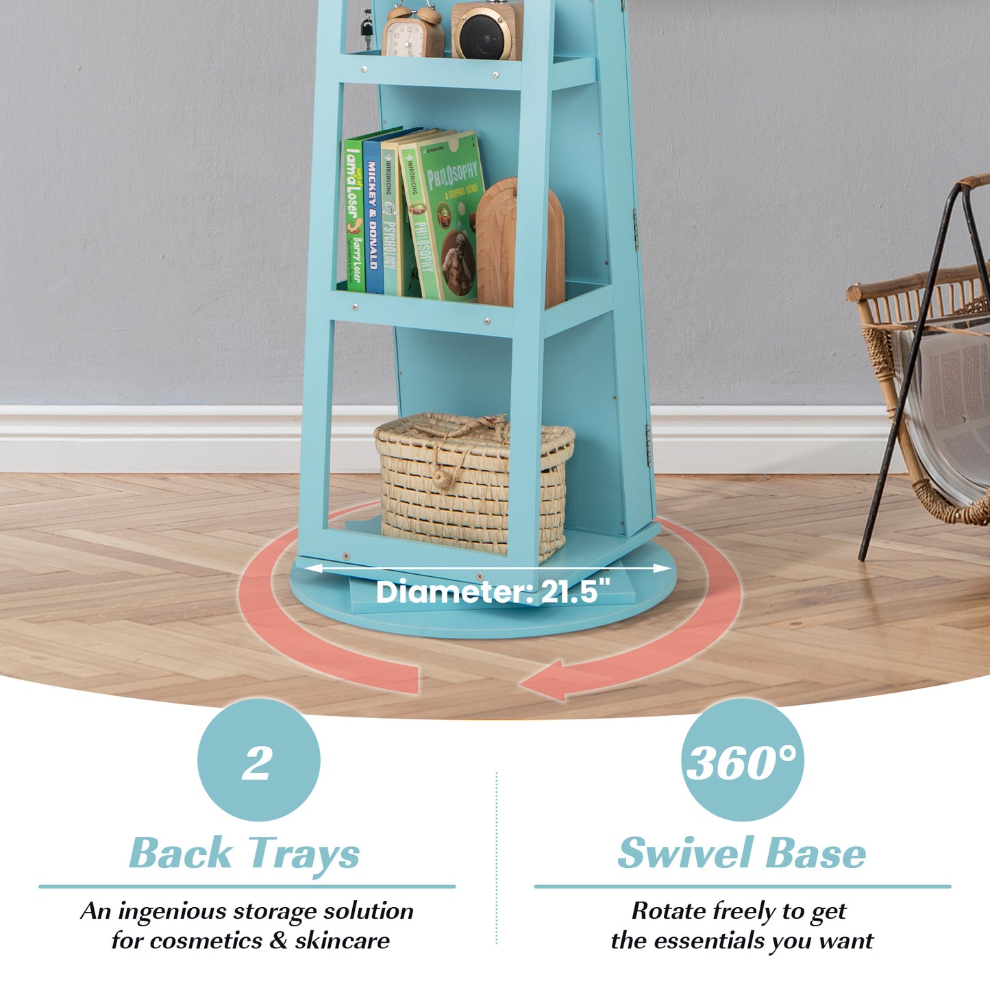 360° Rotating Mirrored Jewelry Cabinet Armoire 3 Color LED Modes Lockable, Blue Jewelry Armoires at Gallery Canada