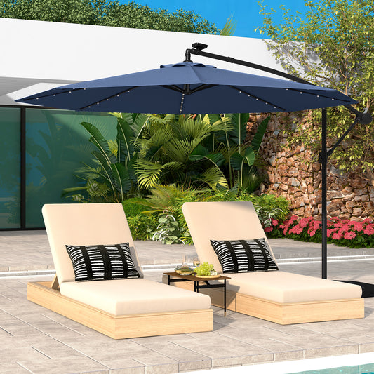 10 Ft Solar LED Offset Umbrella With 40 Lights, Cross Base, Blue Outdoor Umbrellas Blue at Gallery Canada
