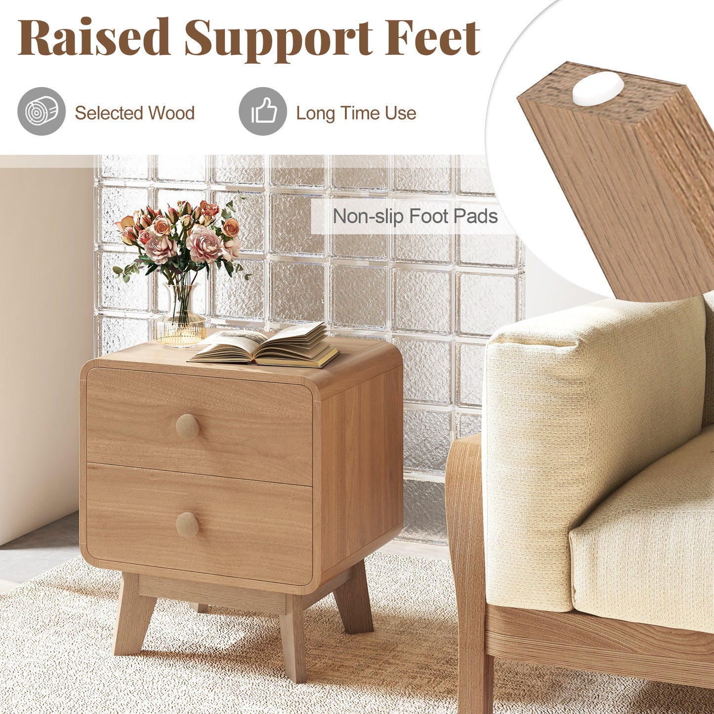 Nightstand With 2 Drawers, Solid Rubber Wood Legs, Brown Nightstands at Gallery Canada