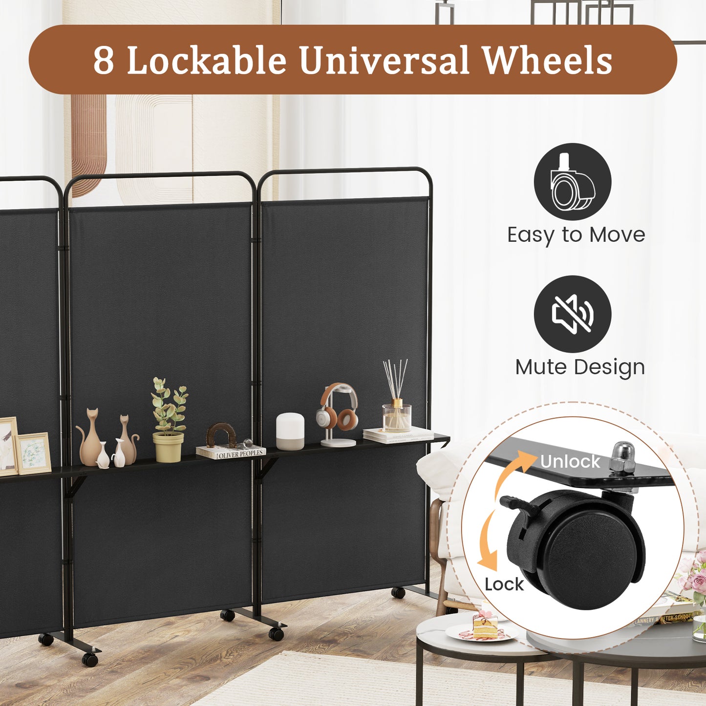 3-Panel Folding Room Divider, 3 Metal Shelves, Lockable Wheels, Black Room Dividers at Gallery Canada