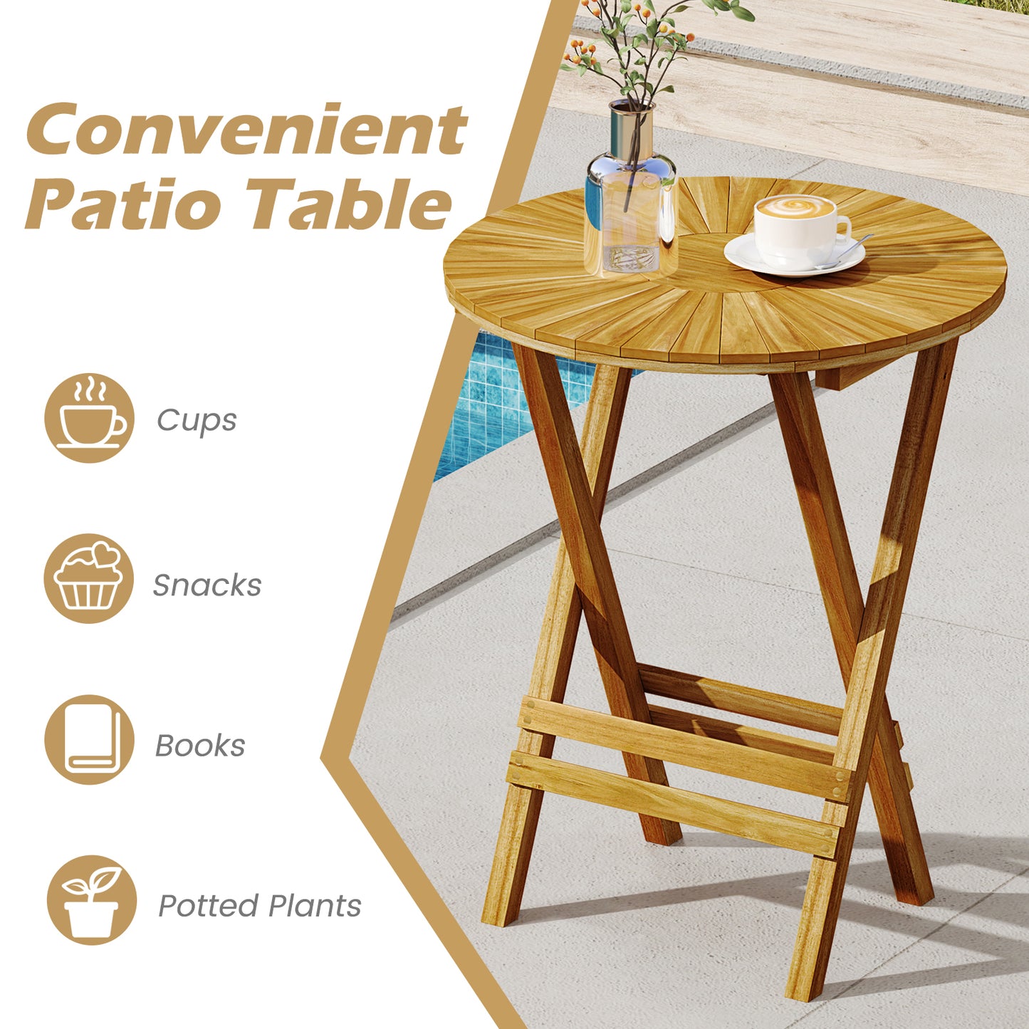 Teak Wood Folding Side Table, Round Slatted Top, X Frame, Natural Patio Coffee Tables at Gallery Canada