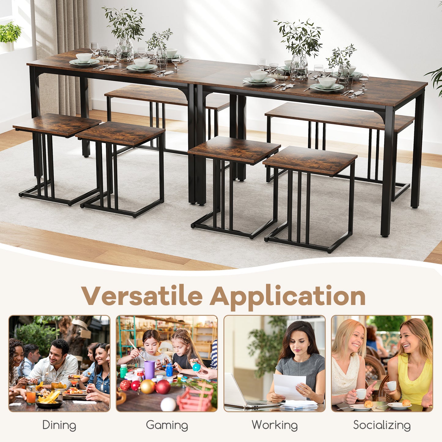 4 Pieces Industrial Dining Table Set with Bench and 2 Stools, Brown Dining Room Sets at Gallery Canada