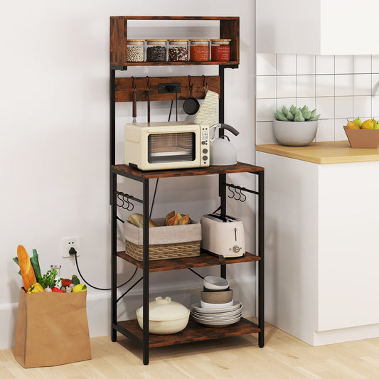 5-Tier Microwave Stand With Power Outlet, 10 S-Shape Hooks, Rustic Brown