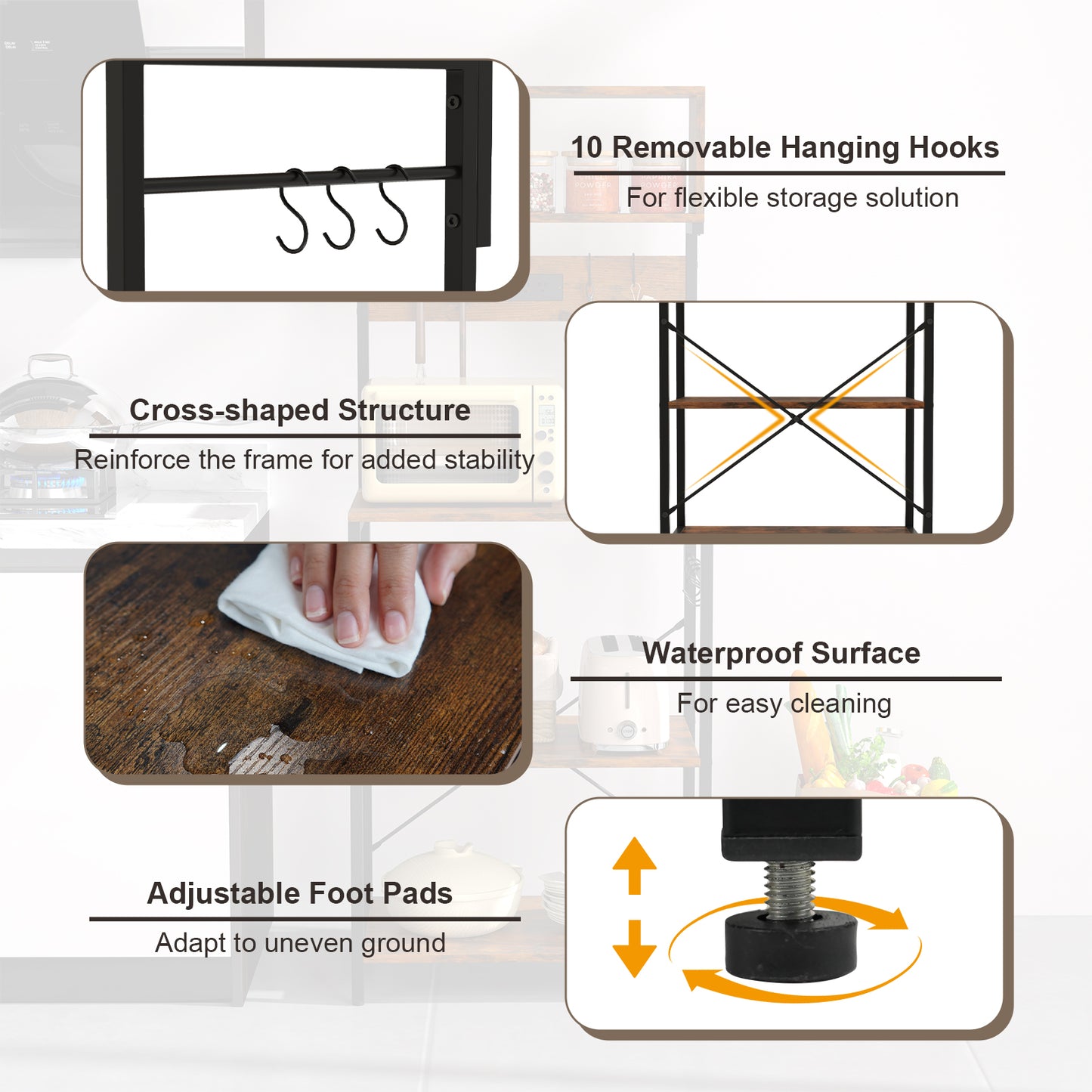 Support micro-ondes 5 niveaux avec prise électrique, 10 crochets en forme de S, marron rustique