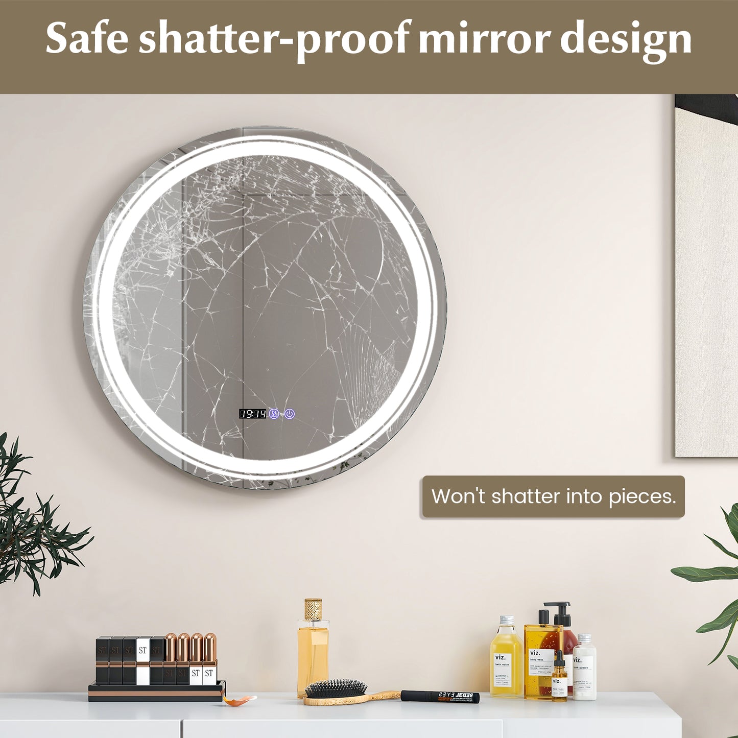 Anti-Fog Round Led Bathroom Mirror with 3 Color LED Lights-M, White Wall Mirrors at Gallery Canada