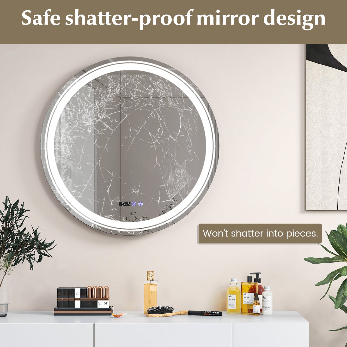 Anti-Fog Round Led Bathroom Mirror with 3 Color LED Lights-L, White Wall Mirrors at Gallery Canada