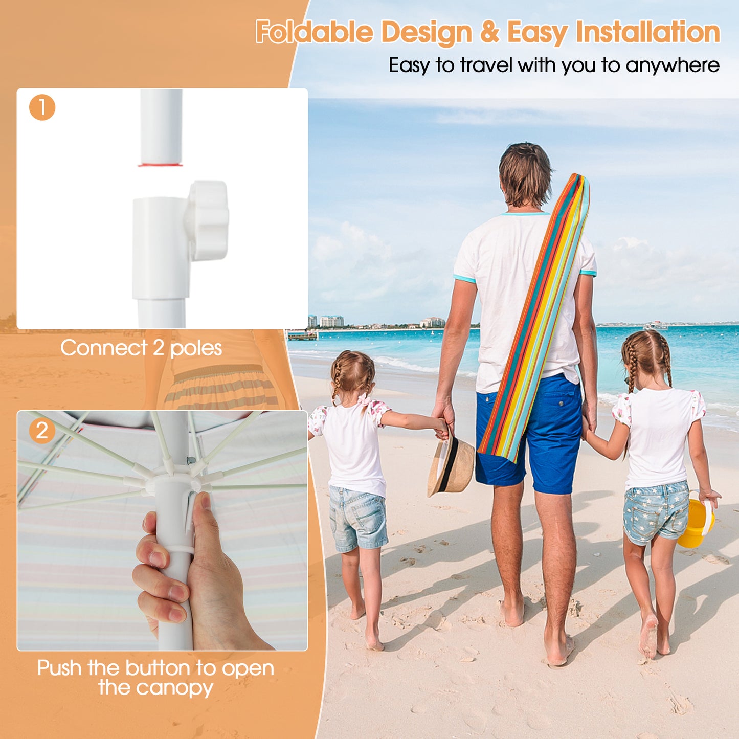 6.5 Feet Patio Beach Umbrella, Waterproof Polyester, Orange Outdoor Umbrellas at Gallery Canada