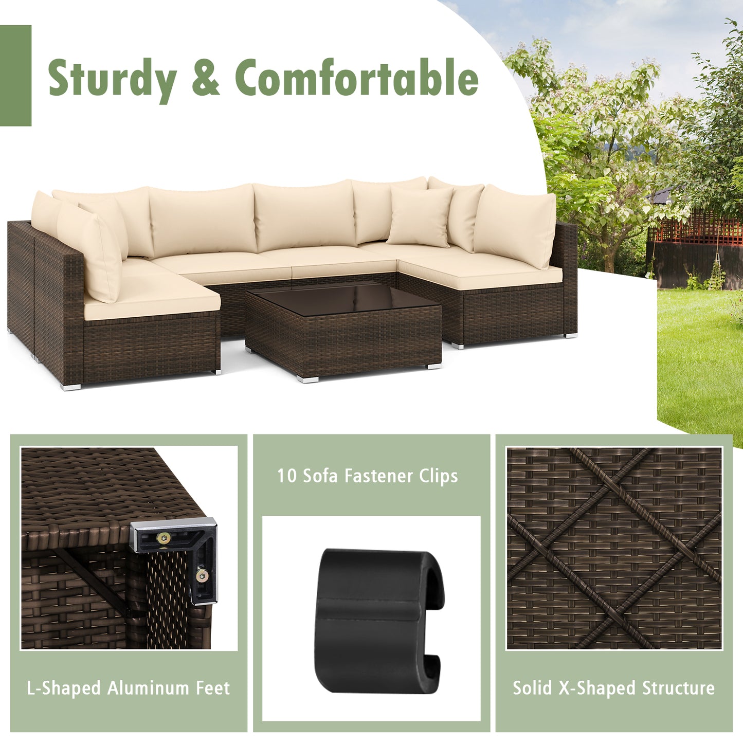 Ensemble de mobilier de patio en rotin 7 pièces, coussins de canapé sectionnel, beige