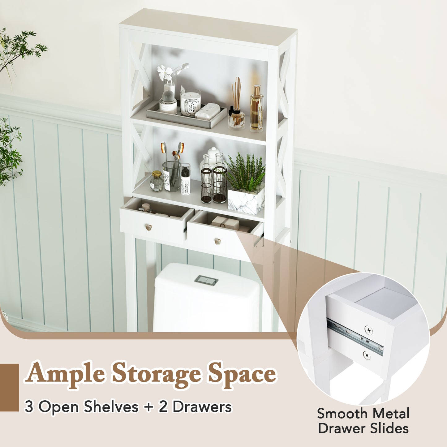 Étagère de rangement pour organisateur de salle de bain, gain d'espace pour toilettes, avec tiroirs, blanc