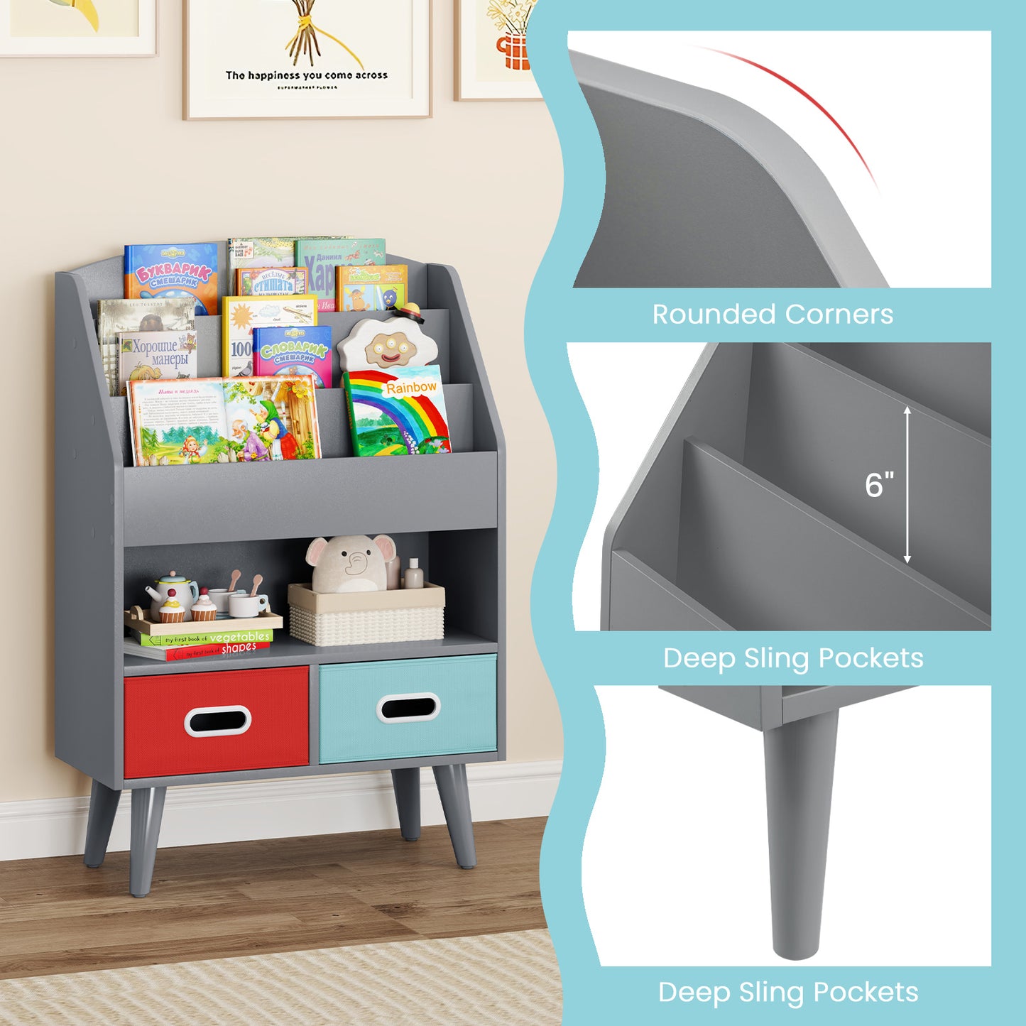 Bibliothèque pour Enfants, Compartiment Ouvert, Gris