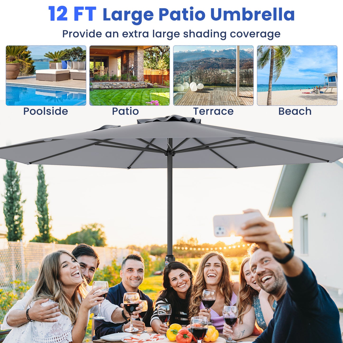 12 Feet Patio Umbrella, Crank Handle, 8 Ribs, Gray Outdoor Umbrellas at Gallery Canada