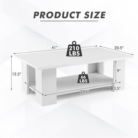 36 Inch Modern Wooden Coffee Table, 2-Tier Storage Shelf, White Coffee Tables White at Gallery Canada