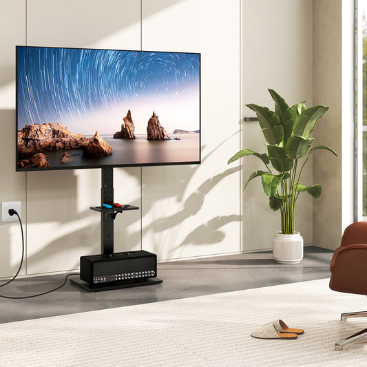 Tilt and Height Adjustable Floor TV Stand with Power Outlet and Adjustable AV Shelf Entertainment Centers & TV Stands Black at Gallery Canada