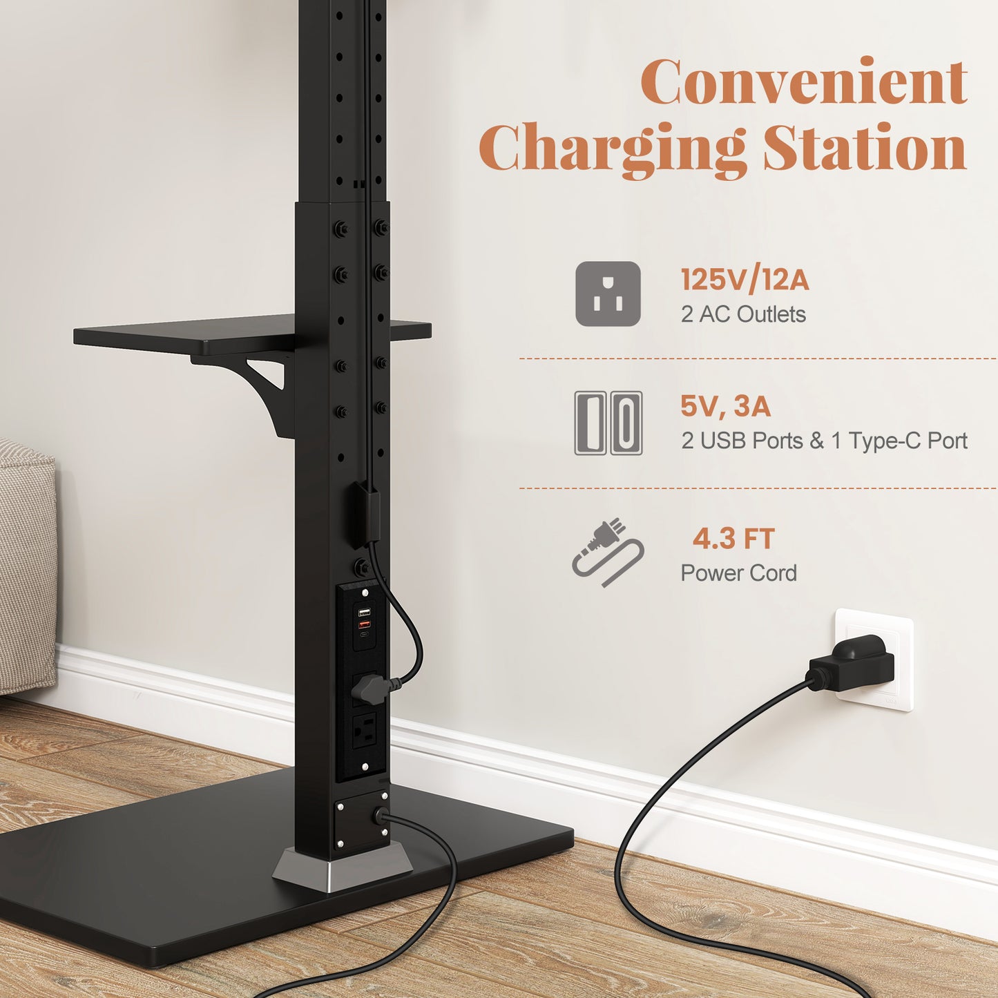 Tilt And Height Adjustable Floor TV Stand, Power Outlet, Adjustable AV Shelf Entertainment Centers & TV Stands at Gallery Canada