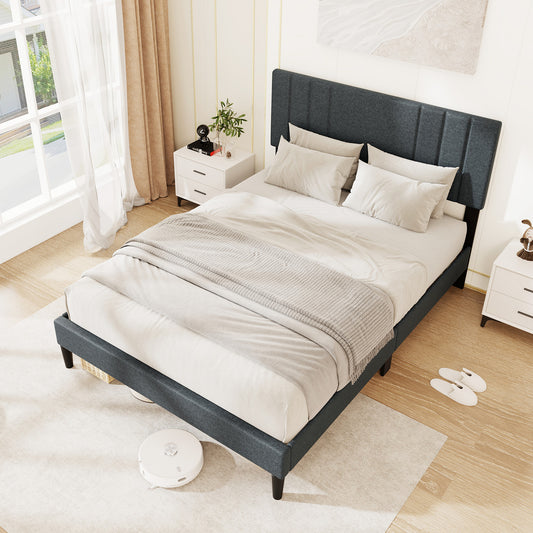 Full Size Bed Frame, Channel Tufted Headboard, Wooden Slats, Gray Simple Bed Frame Gray at Gallery Canada