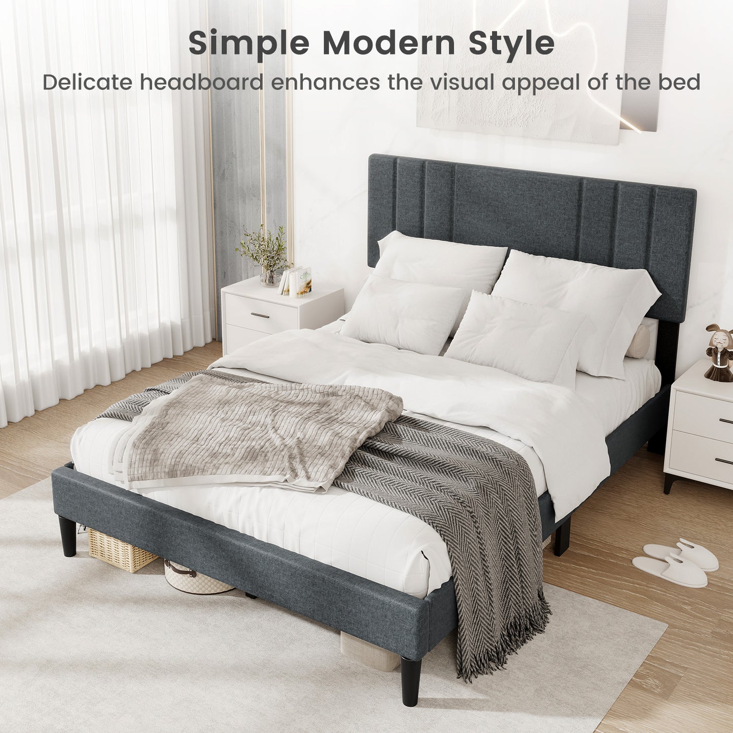 Full Size Bed Frame, Channel Tufted Headboard, Wooden Slats, Gray Simple Bed Frame at Gallery Canada